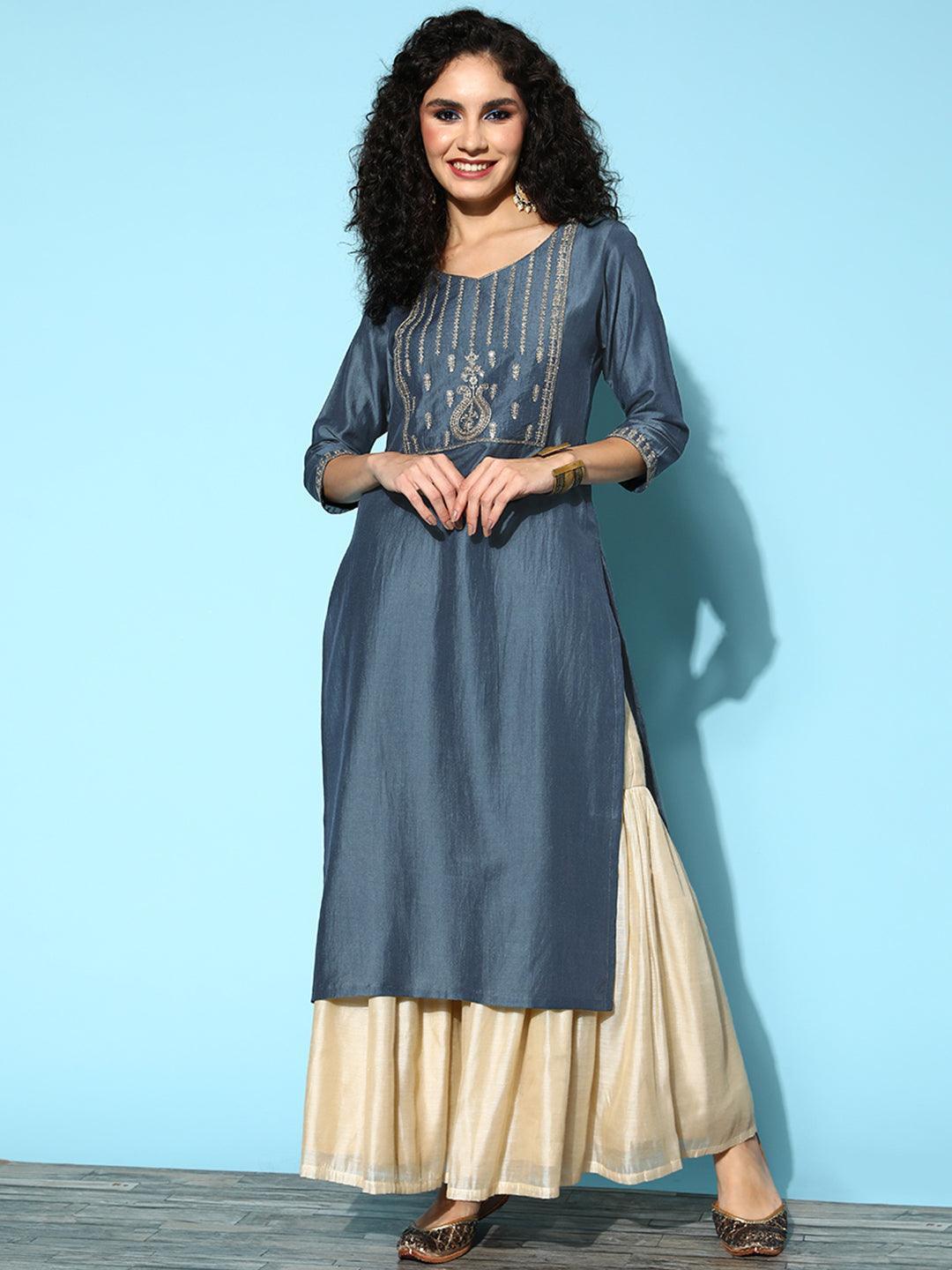 Grey Yoke Design Silk Straight Kurta