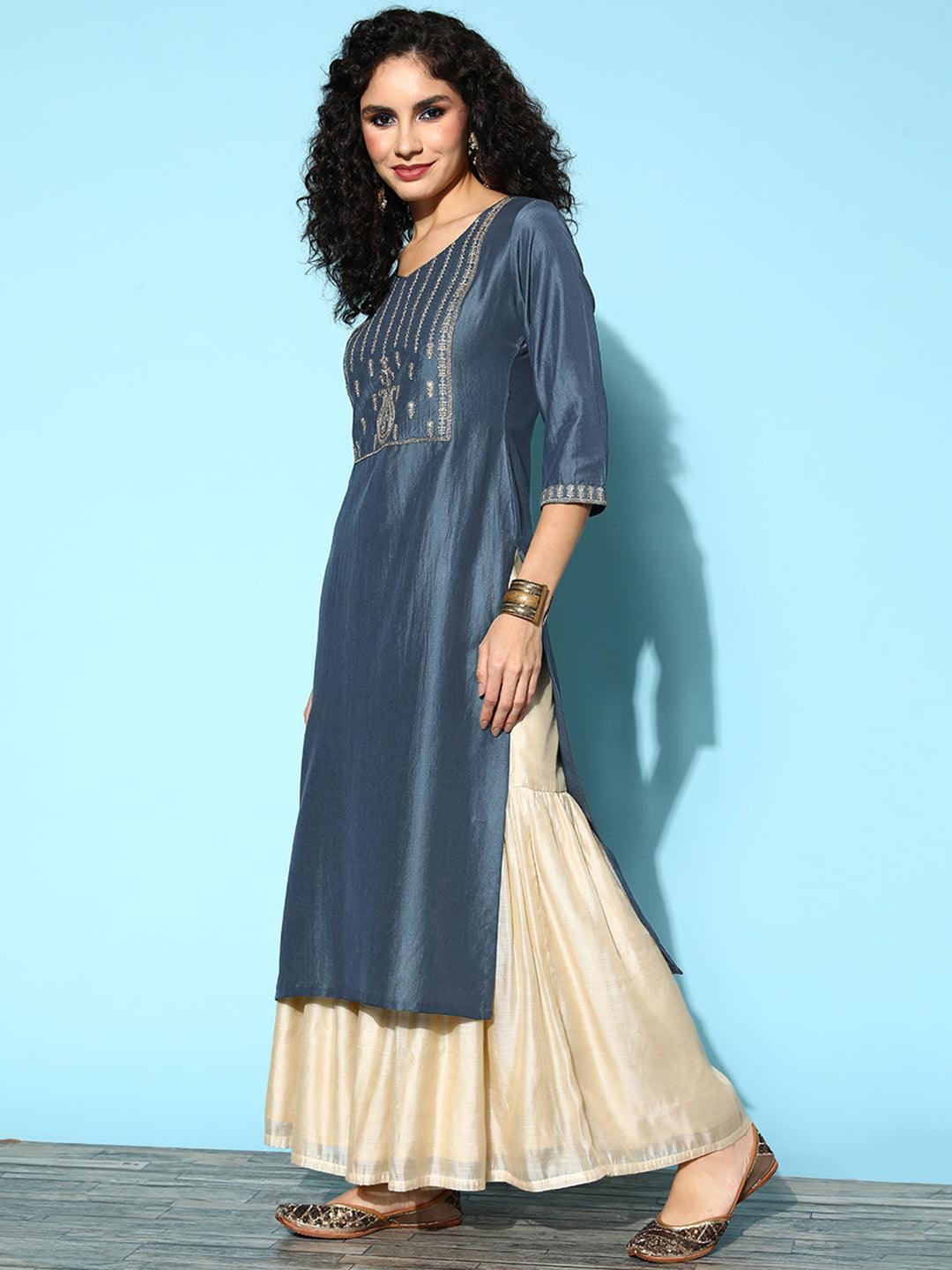 Grey Yoke Design Silk Straight Kurta