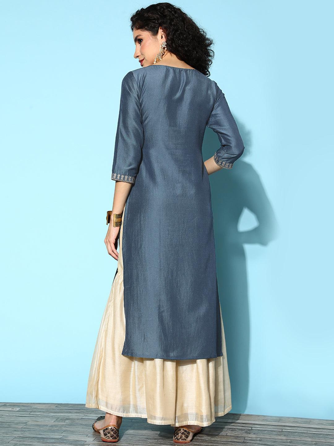 Grey Yoke Design Silk Straight Kurta