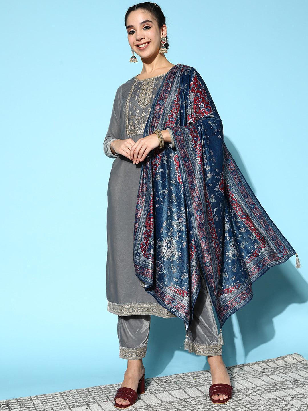 Grey Yoke Design Velvet Straight Suit Set