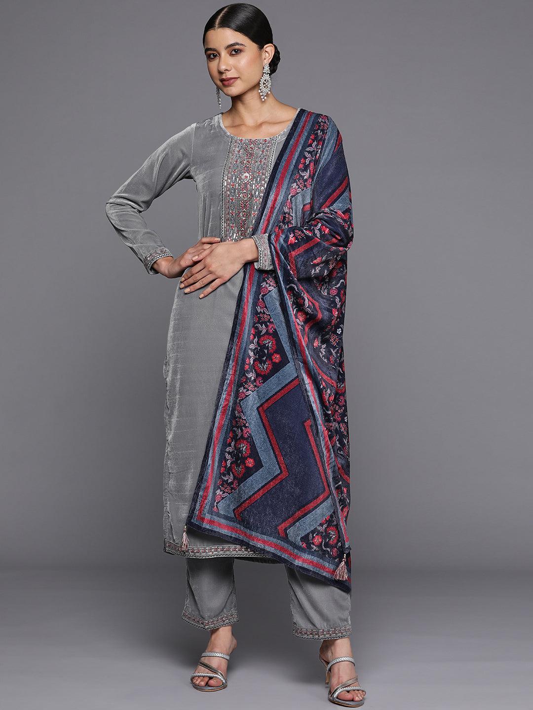 Grey Yoke Design Velvet Straight Suit Set