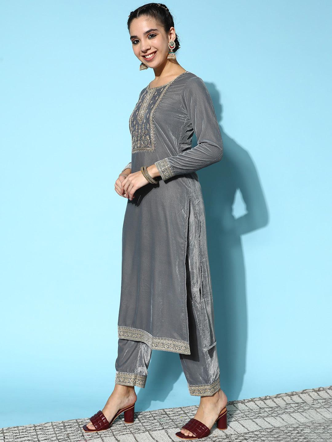 Grey Yoke Design Velvet Straight Suit Set