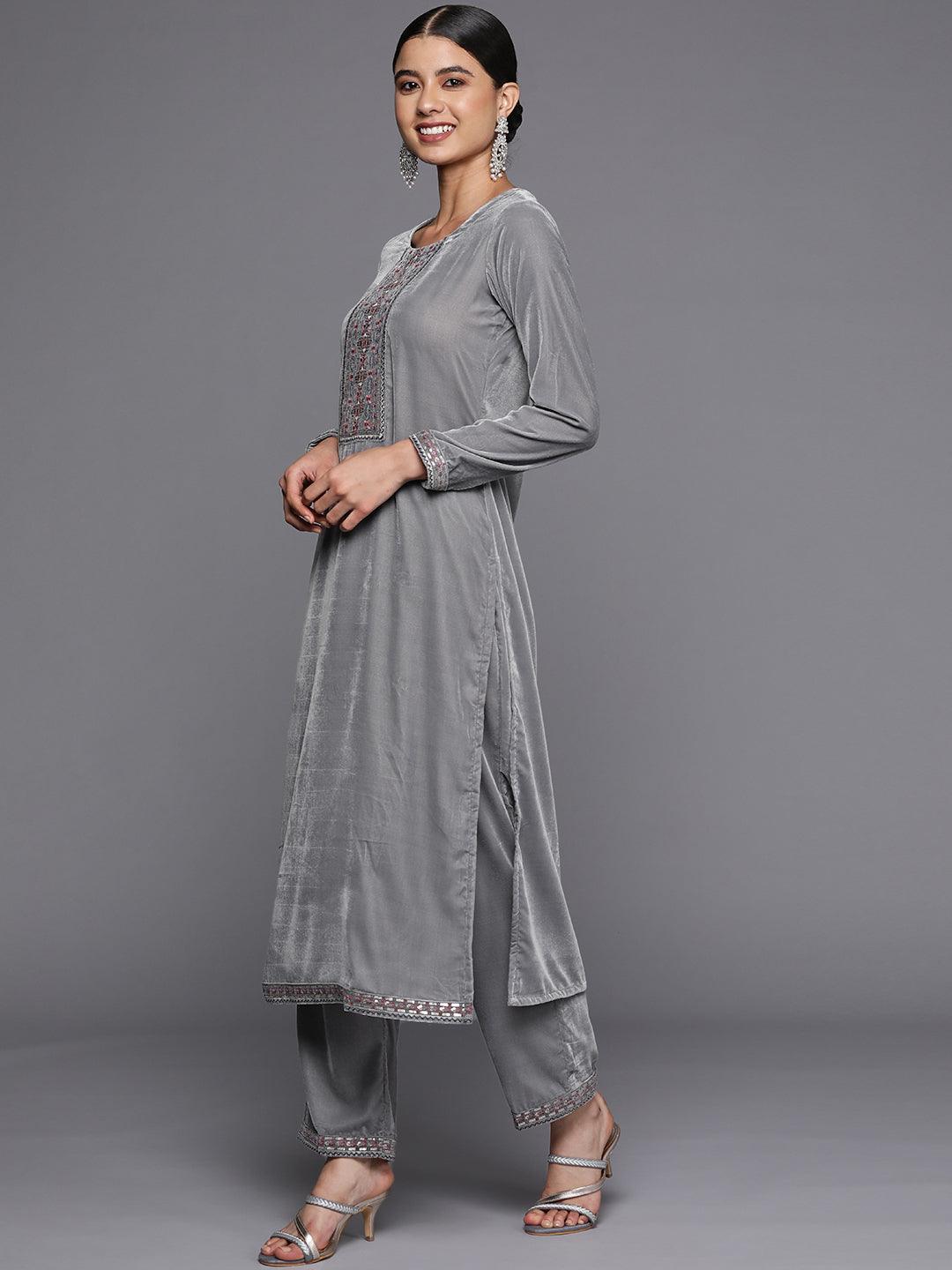 Grey Yoke Design Velvet Straight Suit Set