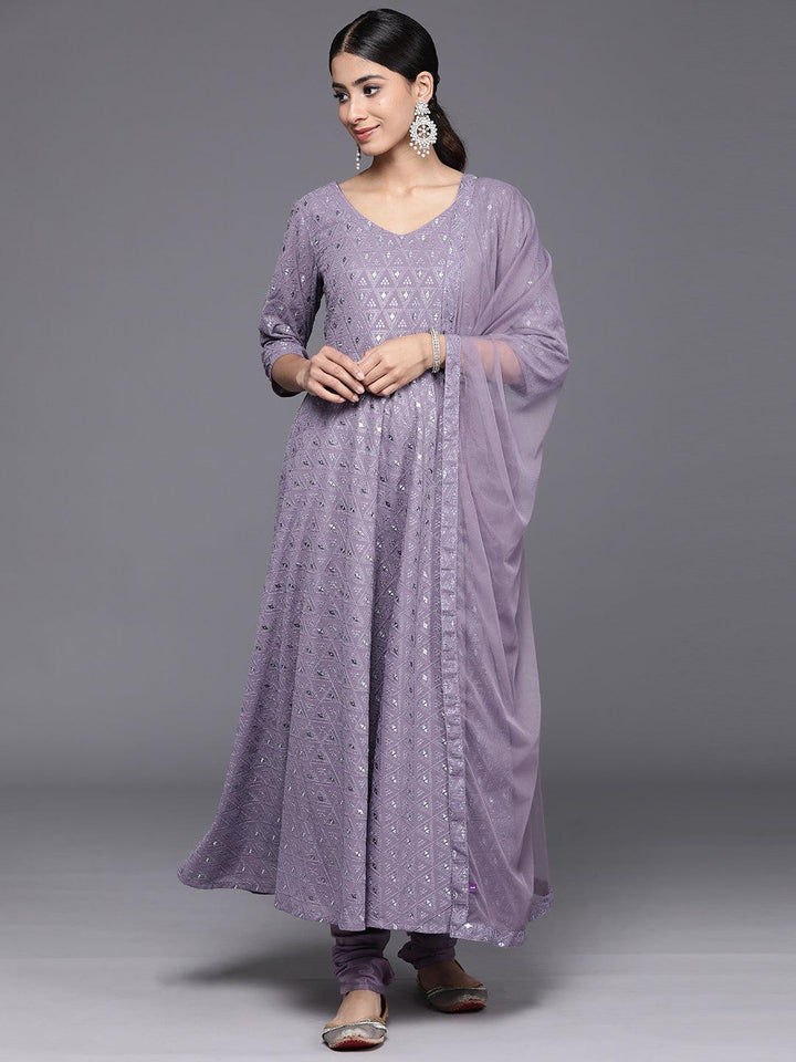 Lavender Embroidered Georgette Anarkali Kurta With Churidar & Dupatta - Libas