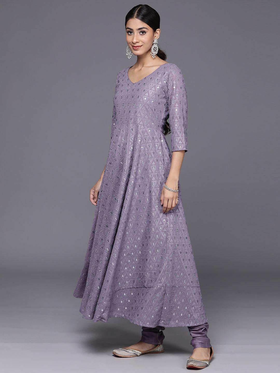 Lavender Embroidered Georgette Anarkali Kurta With Churidar & Dupatta