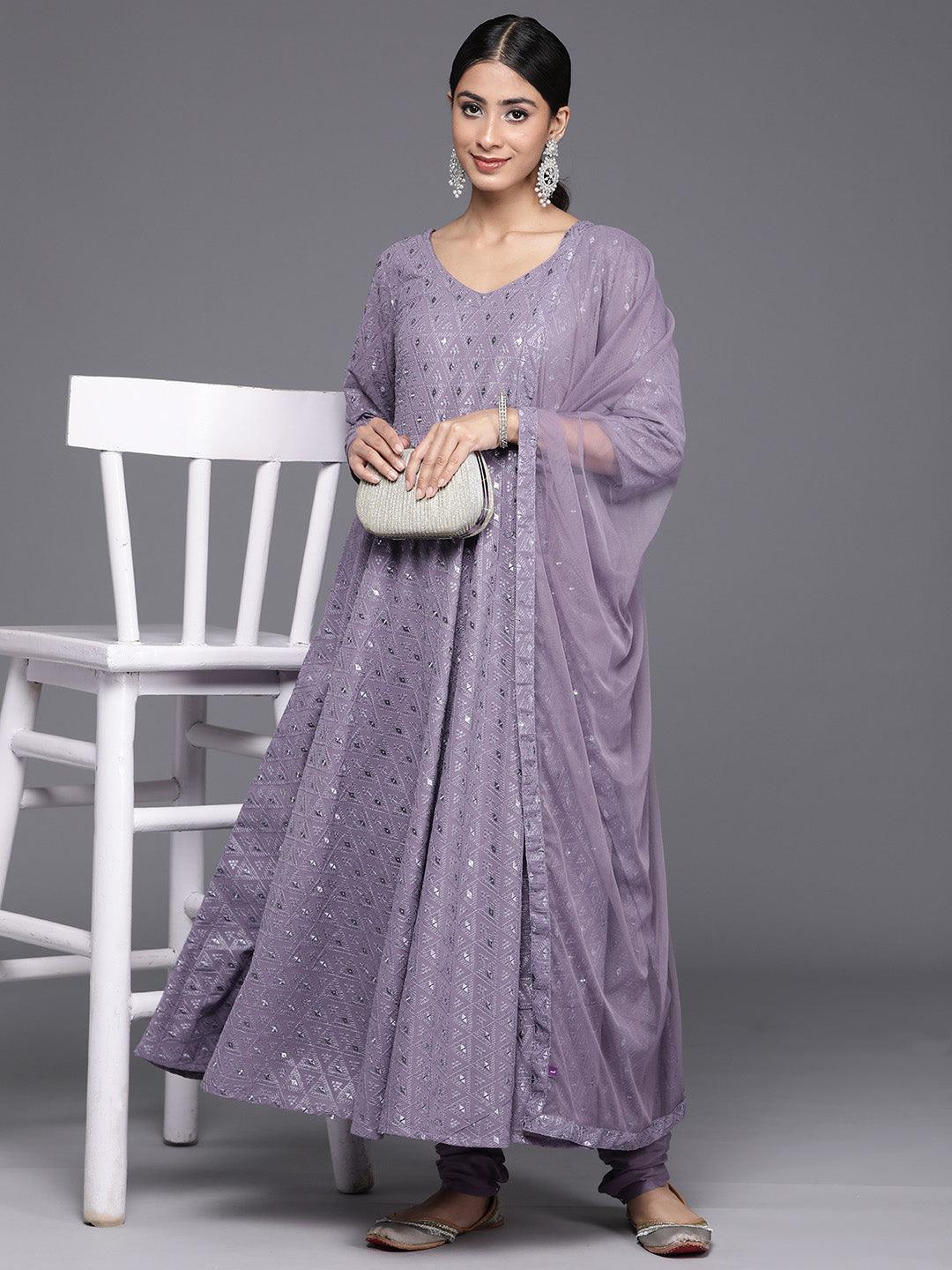 Lavender Embroidered Georgette Anarkali Kurta With Churidar & Dupatta