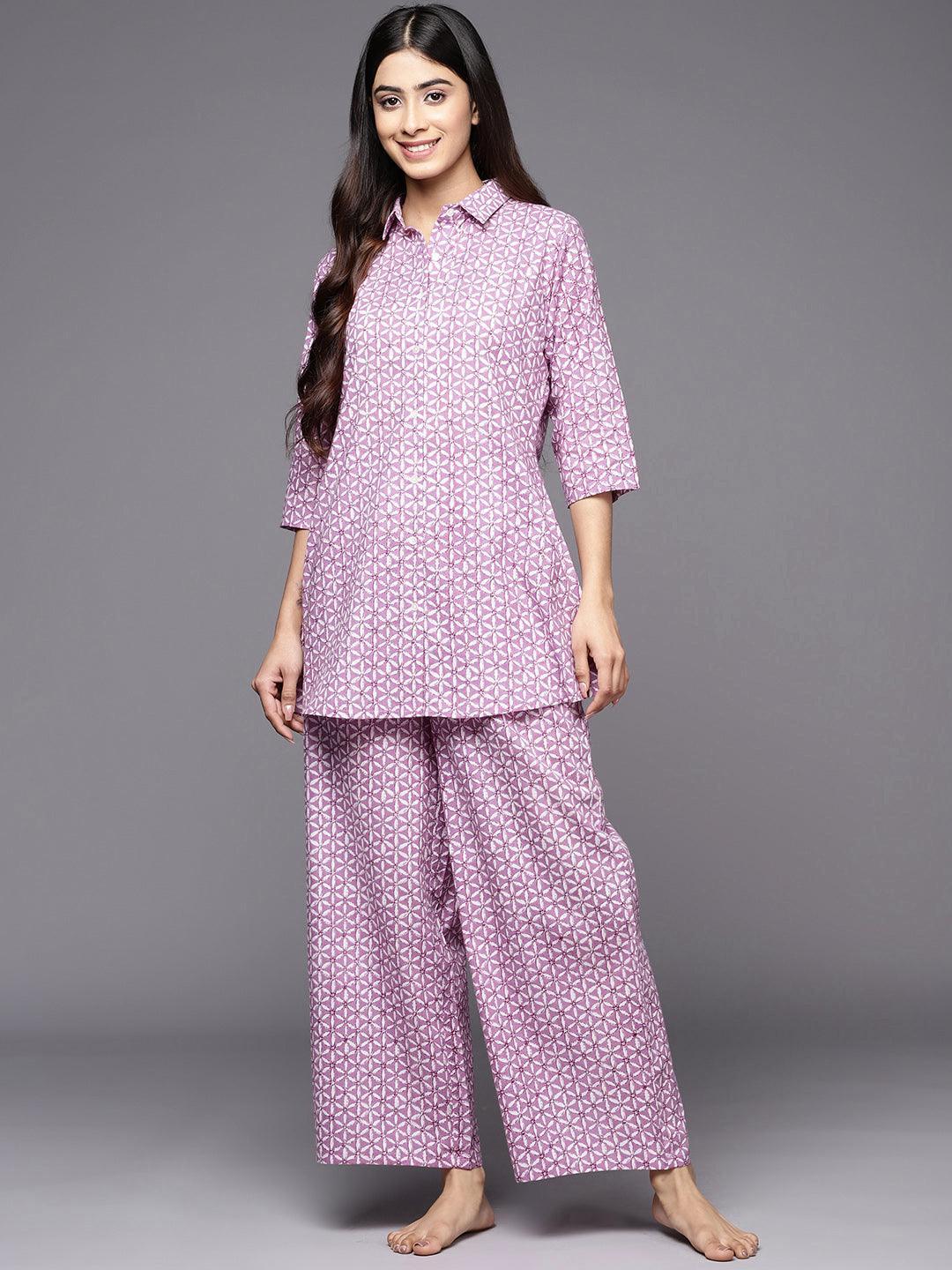 Lavender Printed Cotton Night Suit