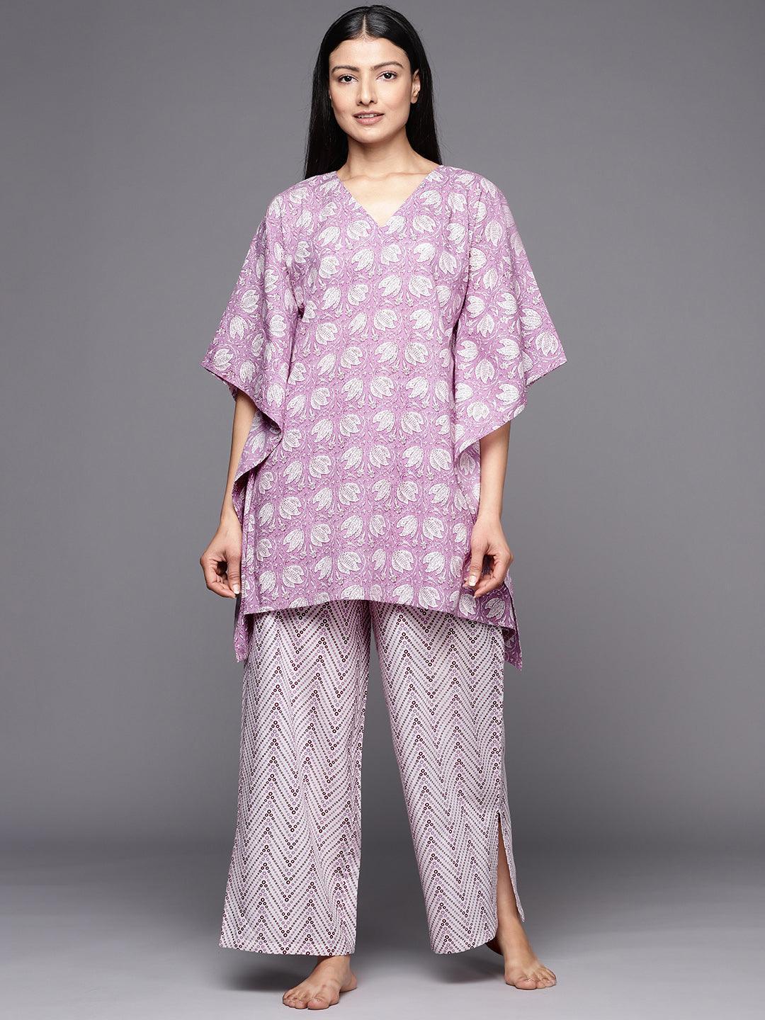 Lavender Printed Cotton Night Suit