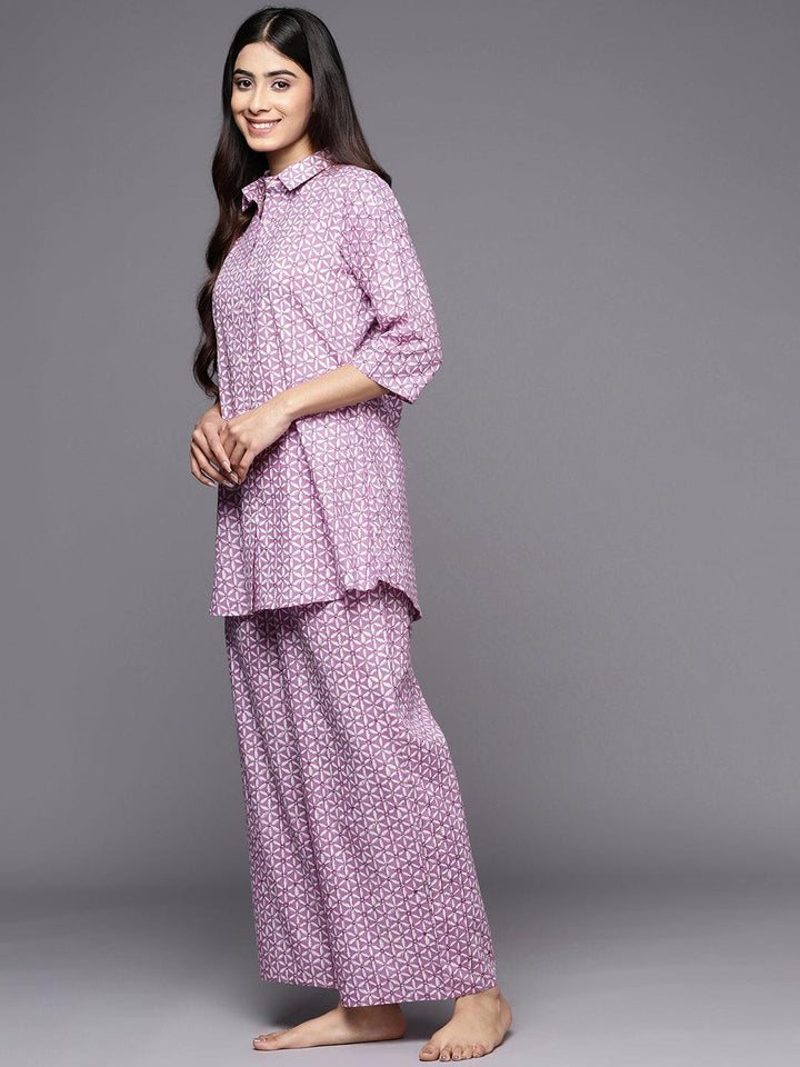 Lavender Printed Cotton Night Suit - ShopLibas