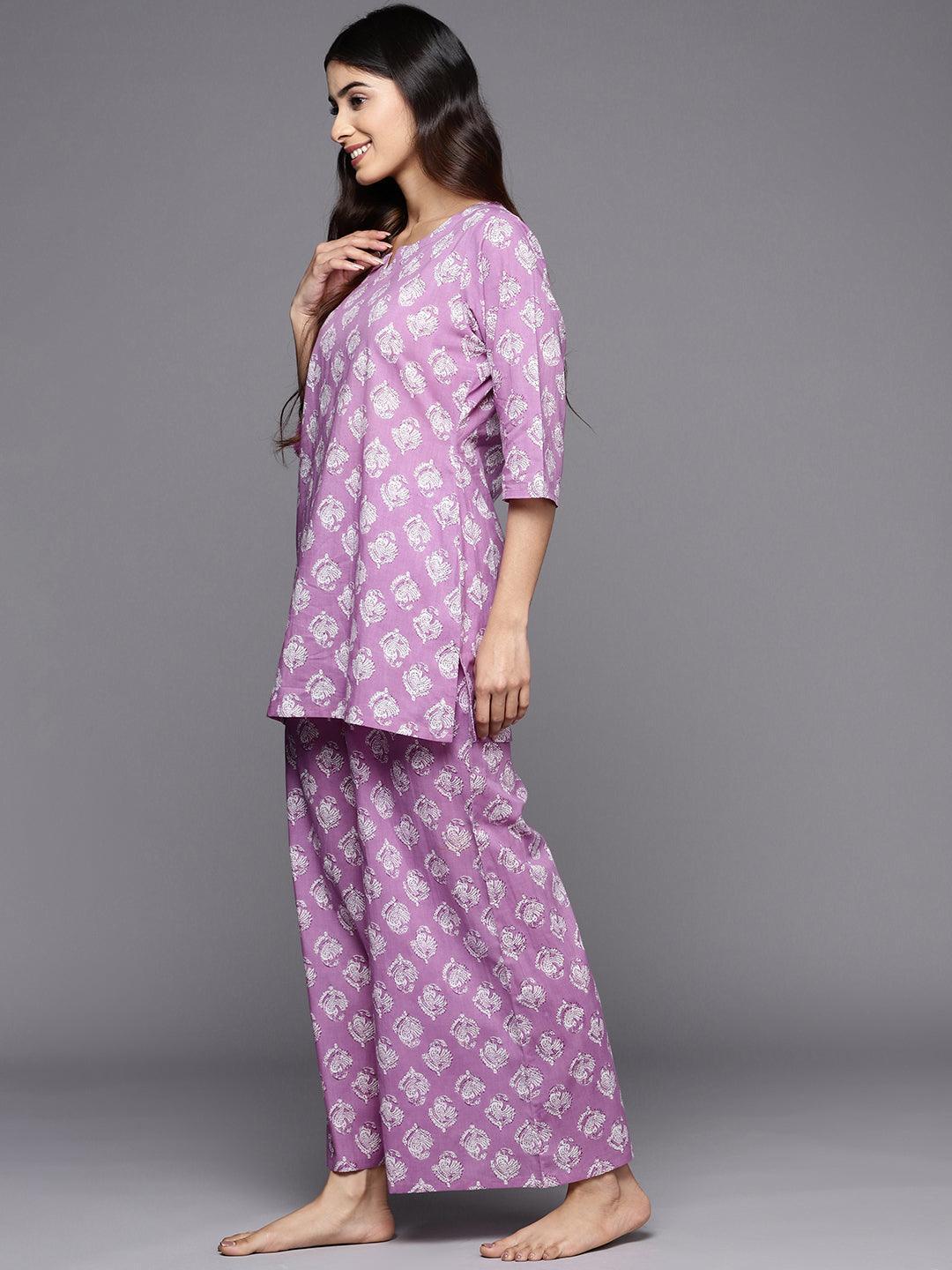 Lavender Printed Cotton Night Suit