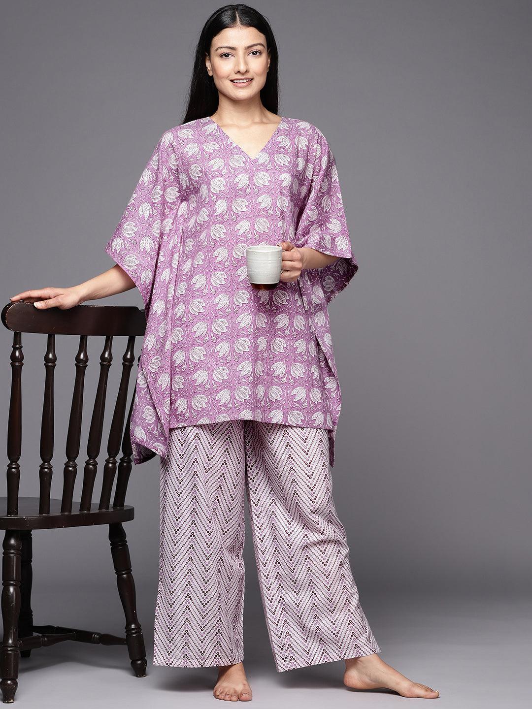 Lavender Printed Cotton Night Suit - ShopLibas