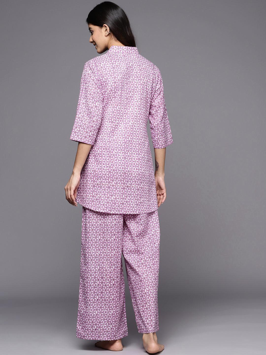 Lavender Printed Cotton Night Suit