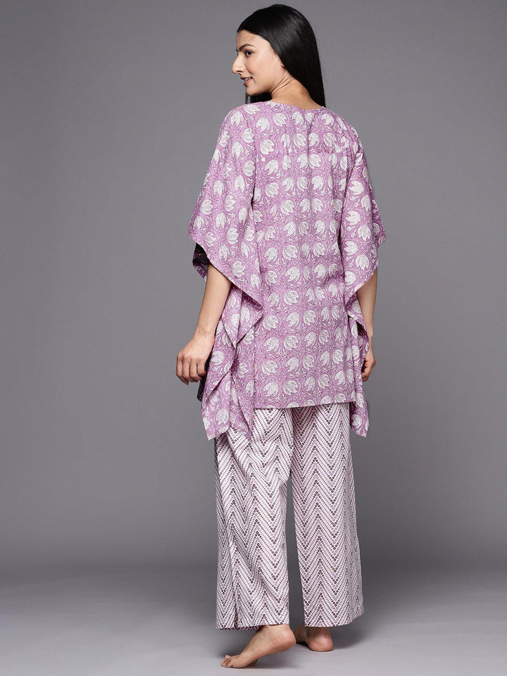 Lavender Printed Cotton Night Suit - ShopLibas