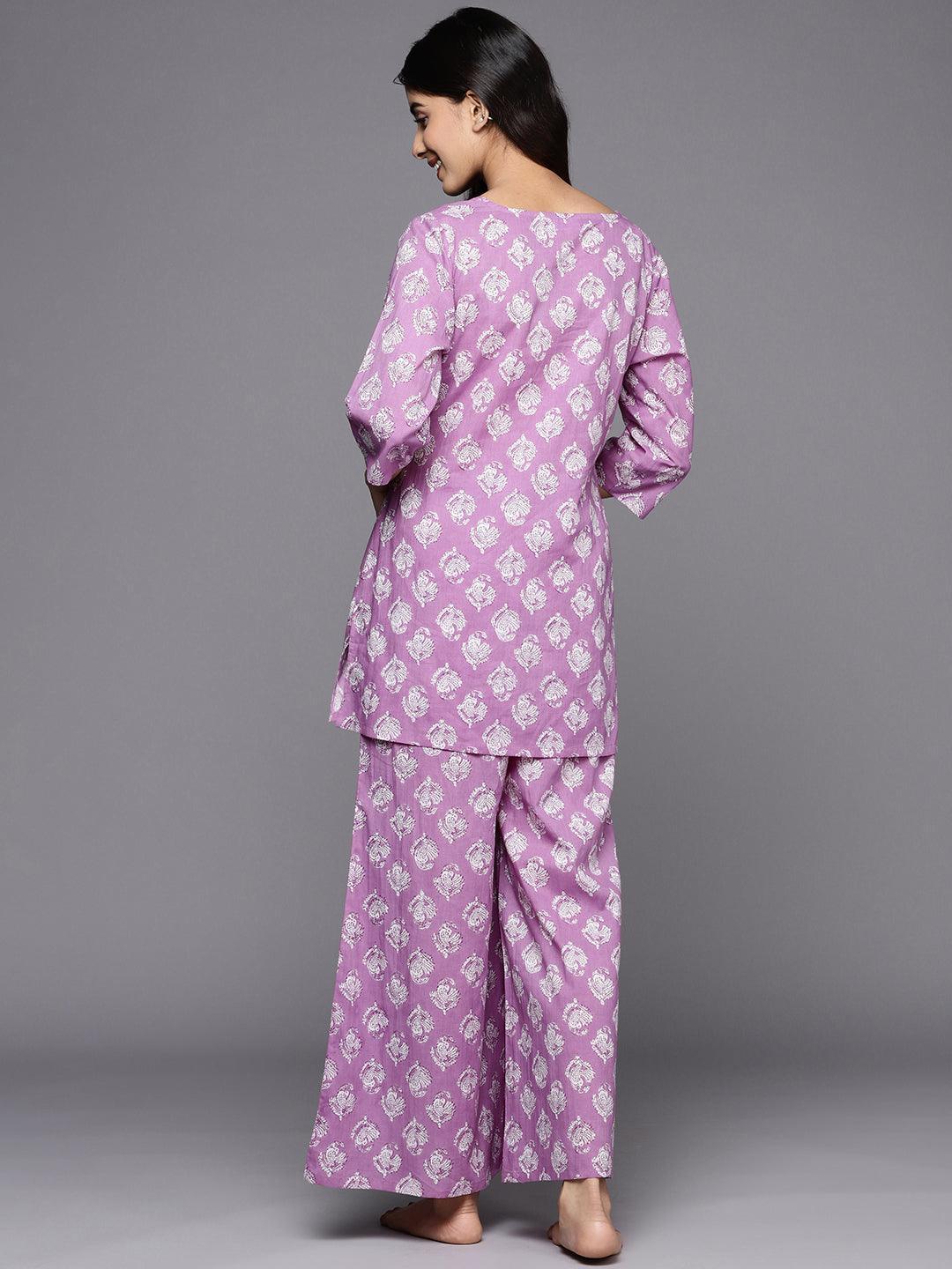 Lavender Printed Cotton Night Suit