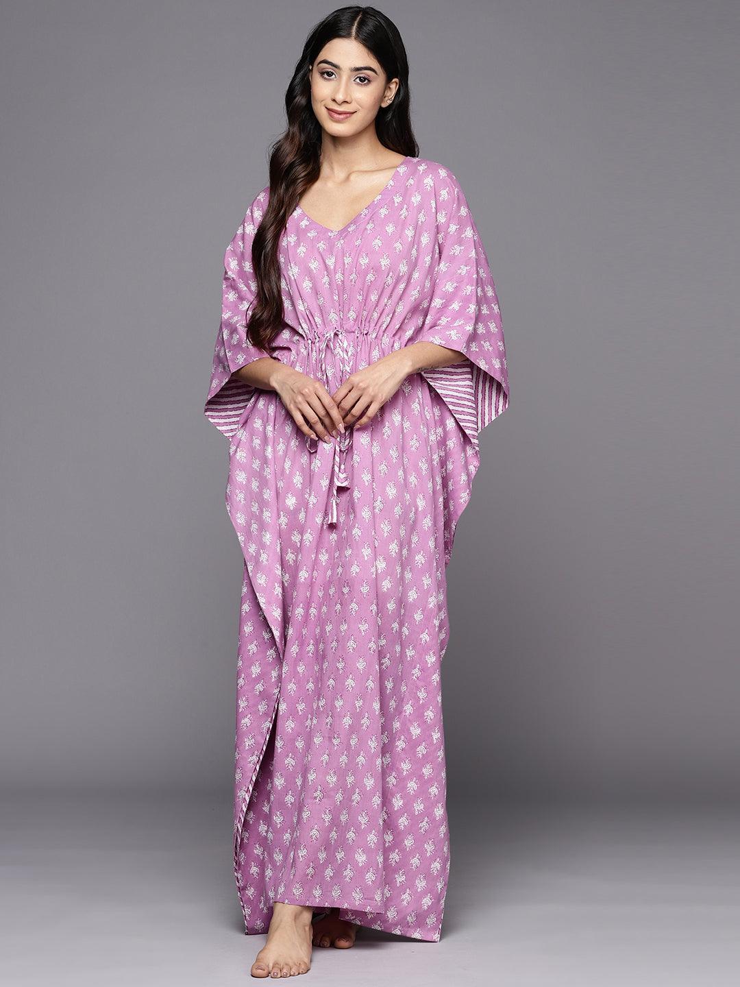 Lavender Printed Cotton Nightdress - ShopLibas