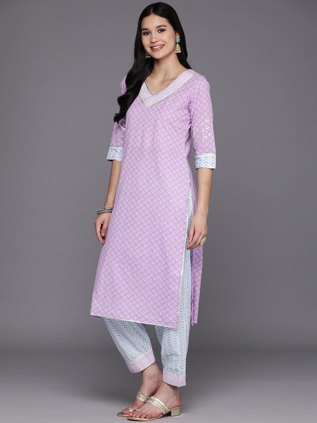 Lavender Printed Cotton Straight Kurta With Salwar & Dupatta