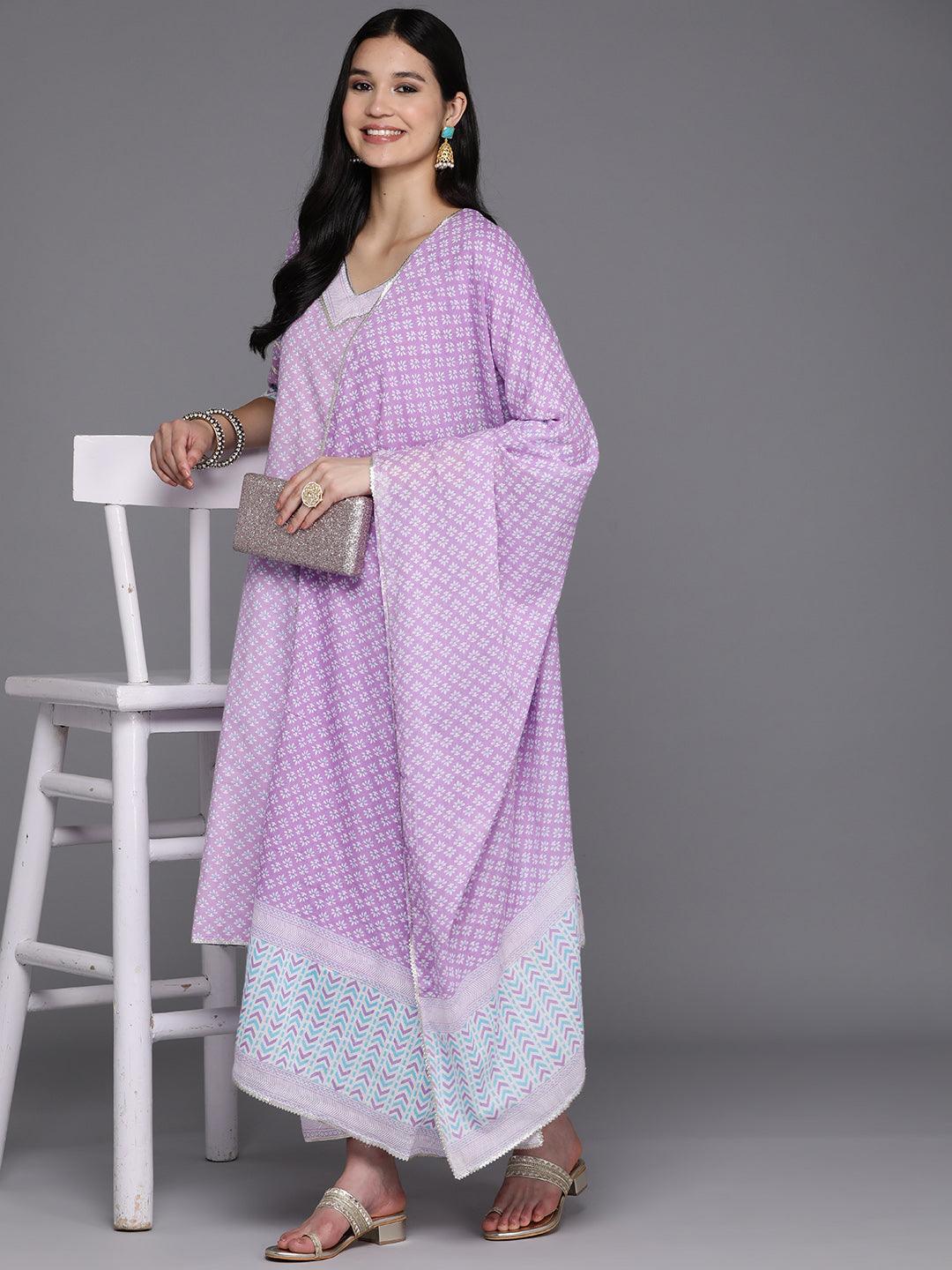 Lavender Printed Cotton Straight Kurta With Salwar & Dupatta