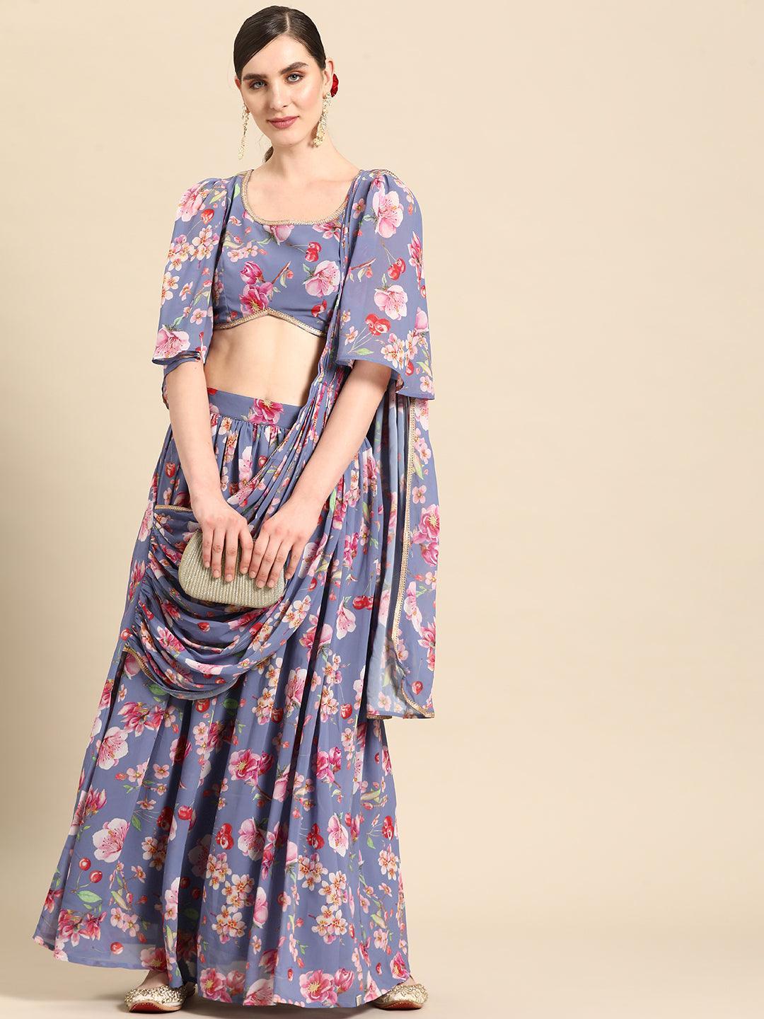 Lavender Printed Georgette Lehenga Saree