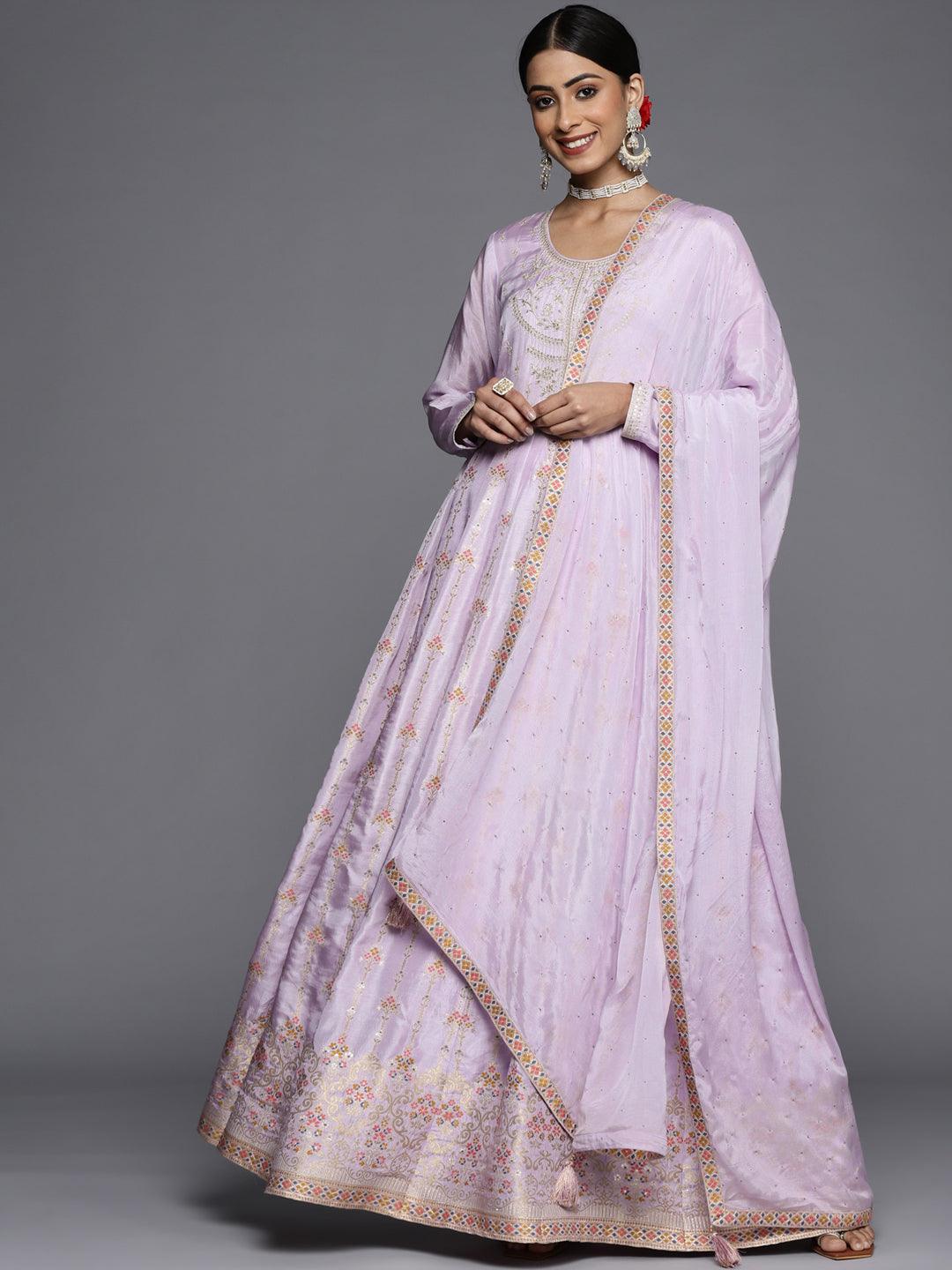 Lavender Self Design Silk Anarkali Suit Set