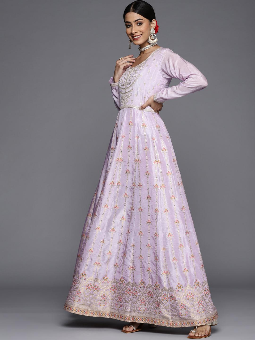 Lavender Self Design Silk Anarkali Suit Set