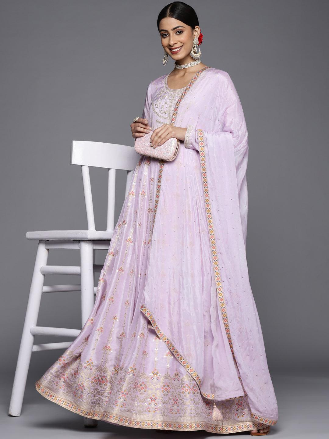 Lavender Self Design Silk Anarkali Suit Set