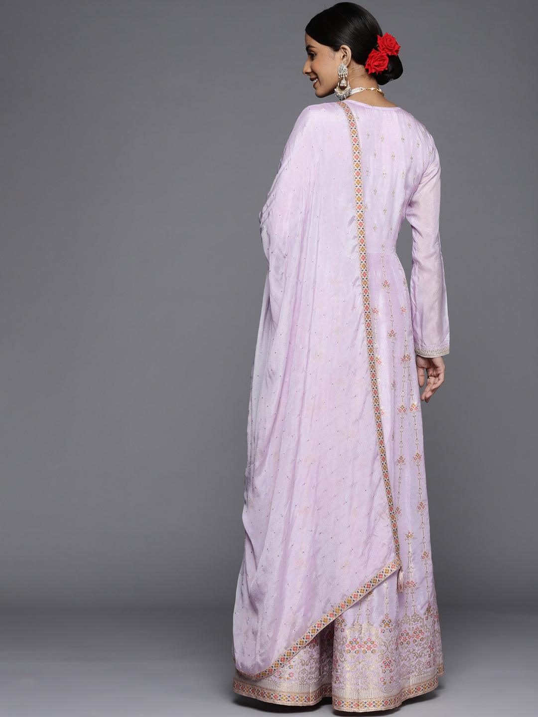 Lavender Self Design Silk Anarkali Suit Set