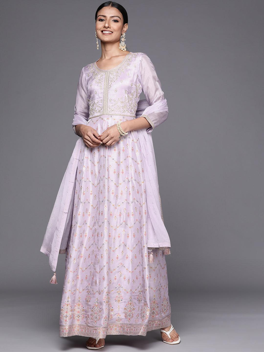 Lavender Self Design Silk Blend Anarkali Suit Set