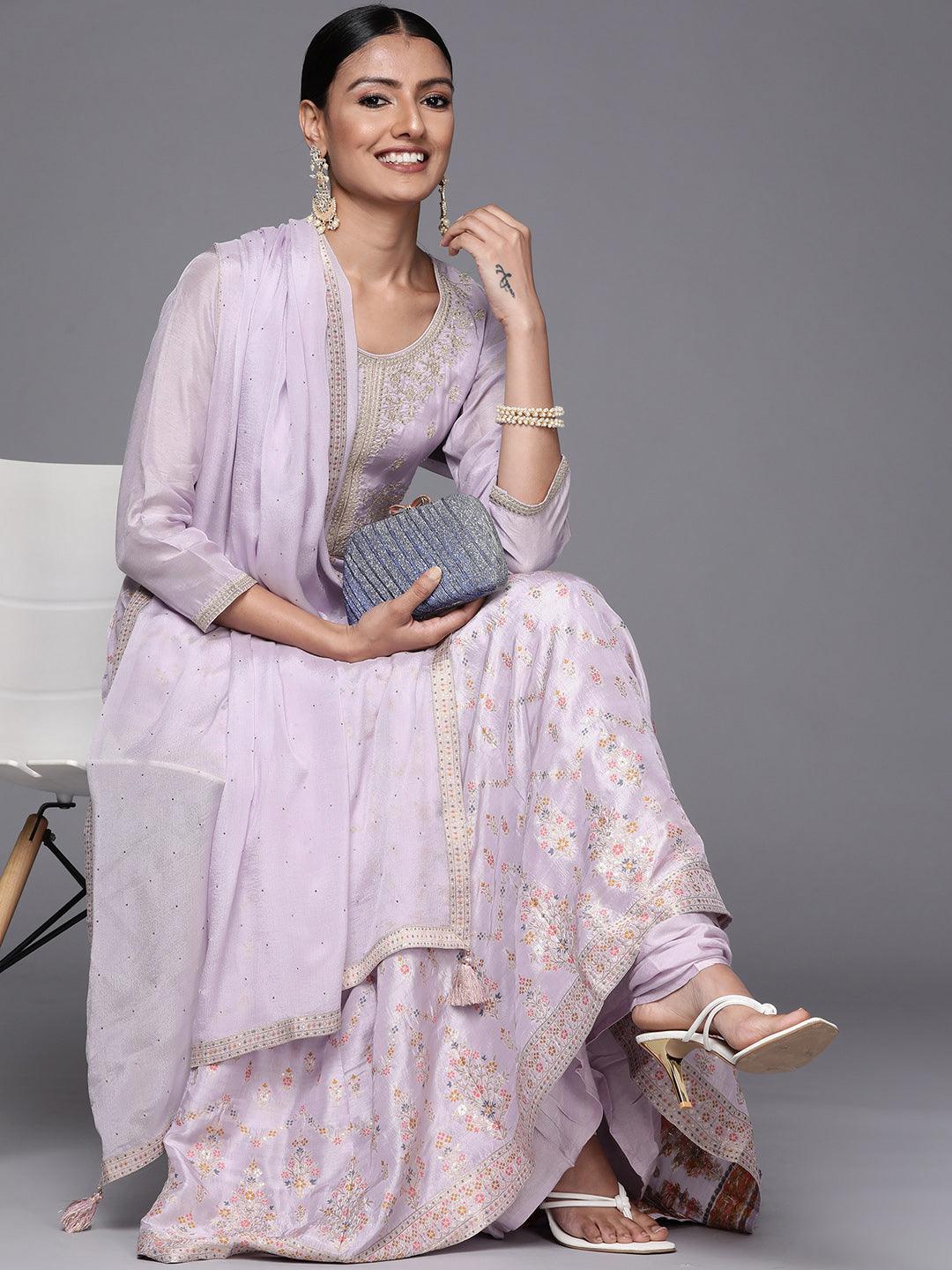 Lavender Self Design Silk Blend Anarkali Suit Set