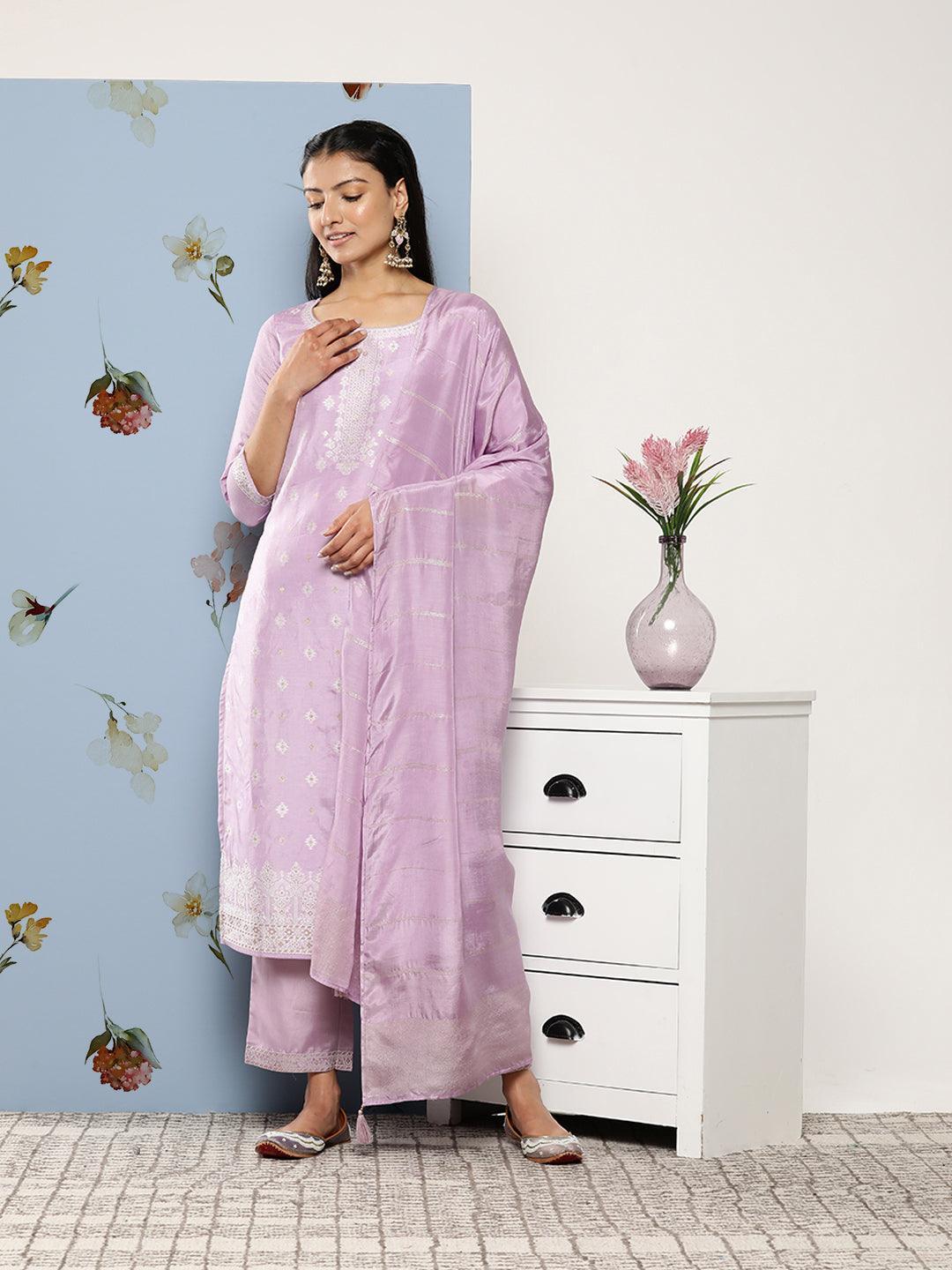 Lavender Self Design Silk Blend Suit Set With Trousers