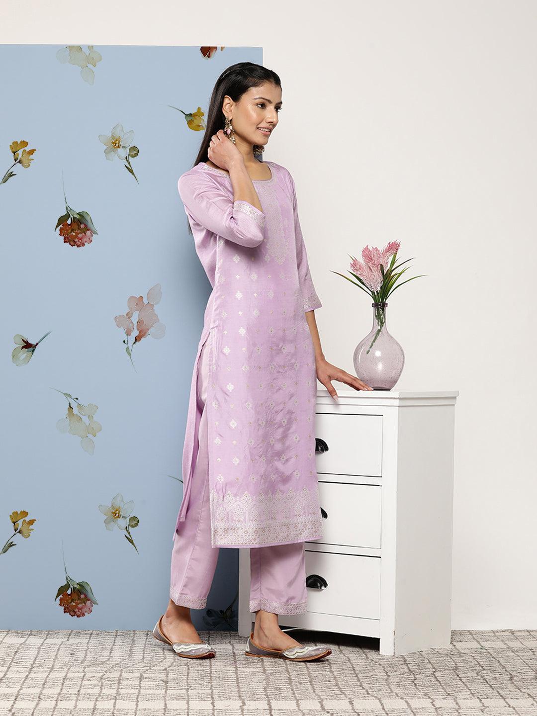 Lavender Self Design Silk Blend Suit Set With Trousers