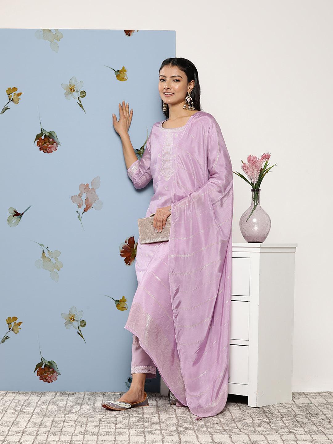 Lavender Self Design Silk Blend Suit Set With Trousers