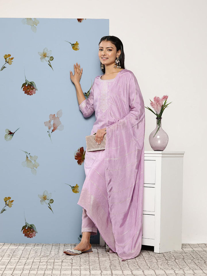 Lavender Self Design Silk Blend Suit Set With Trousers - ShopLibas