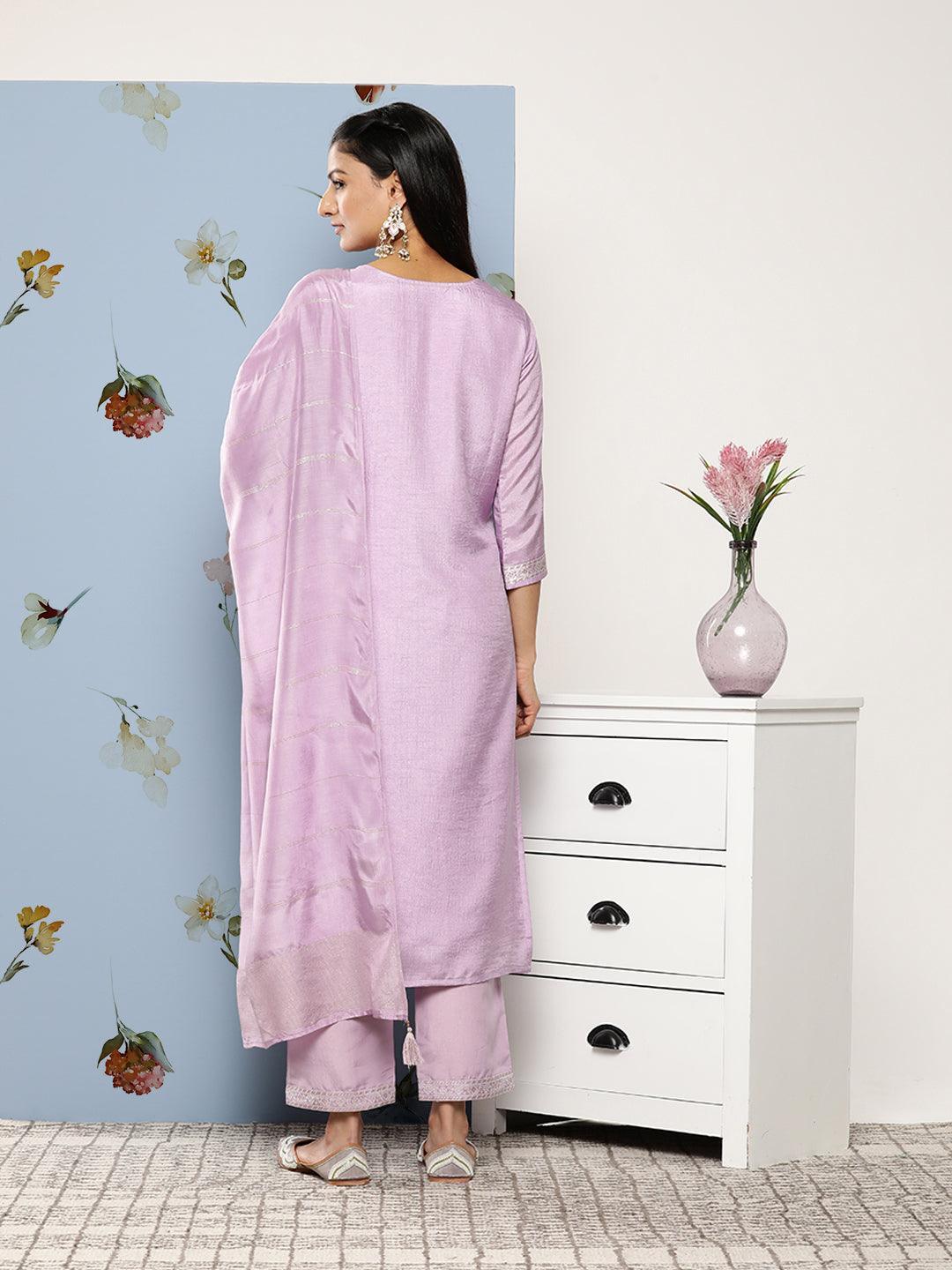 Lavender Self Design Silk Blend Suit Set With Trousers