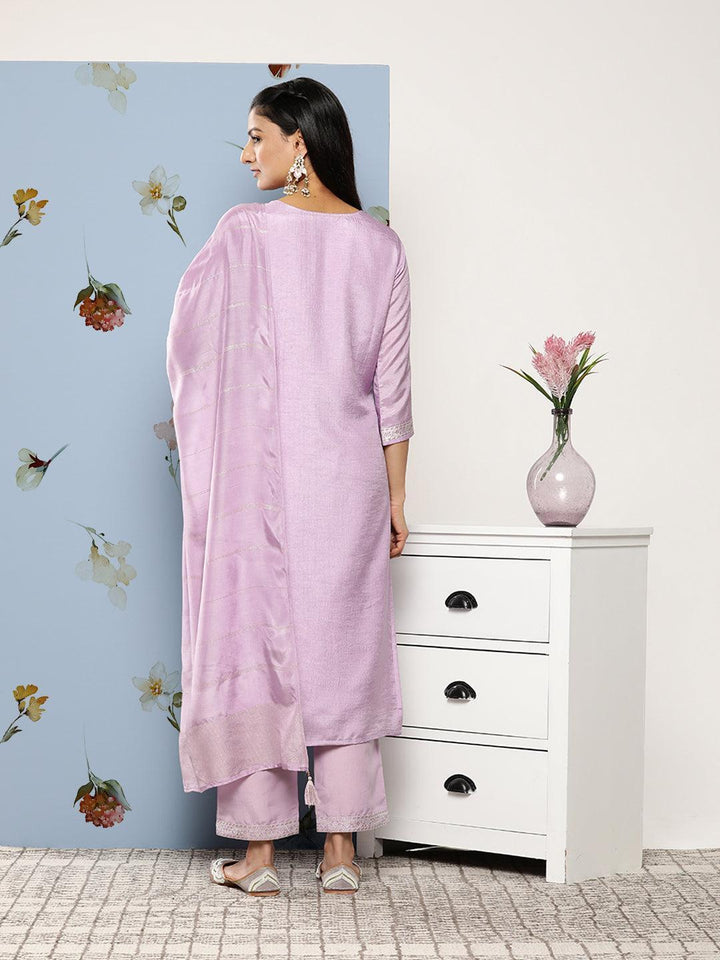 Lavender Self Design Silk Blend Suit Set With Trousers - ShopLibas