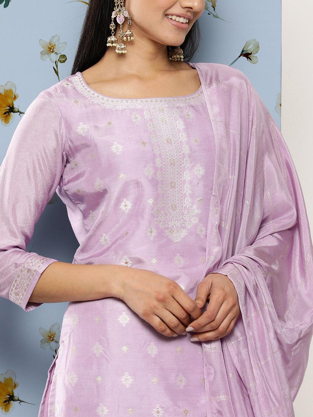 Lavender Self Design Silk Blend Suit Set With Trousers