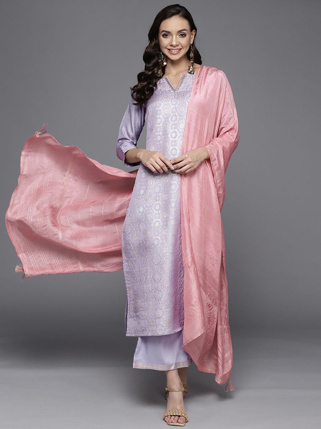 Lavender Woven Design Silk Blend Straight Suit Set