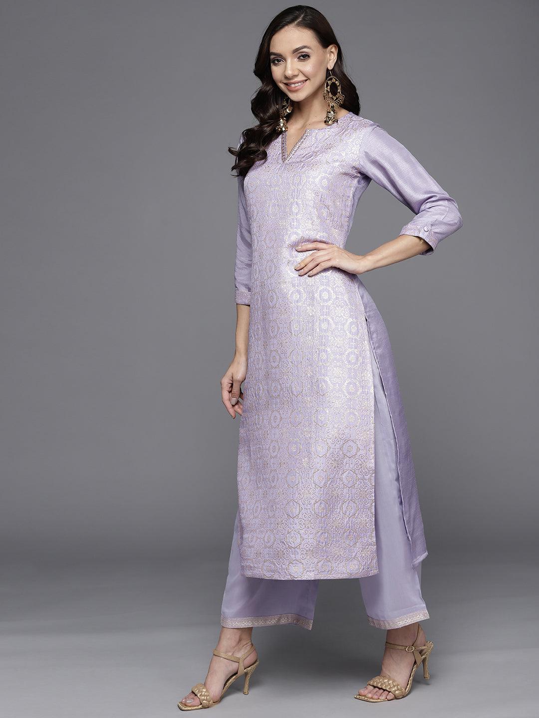 Lavender Woven Design Silk Blend Straight Suit Set