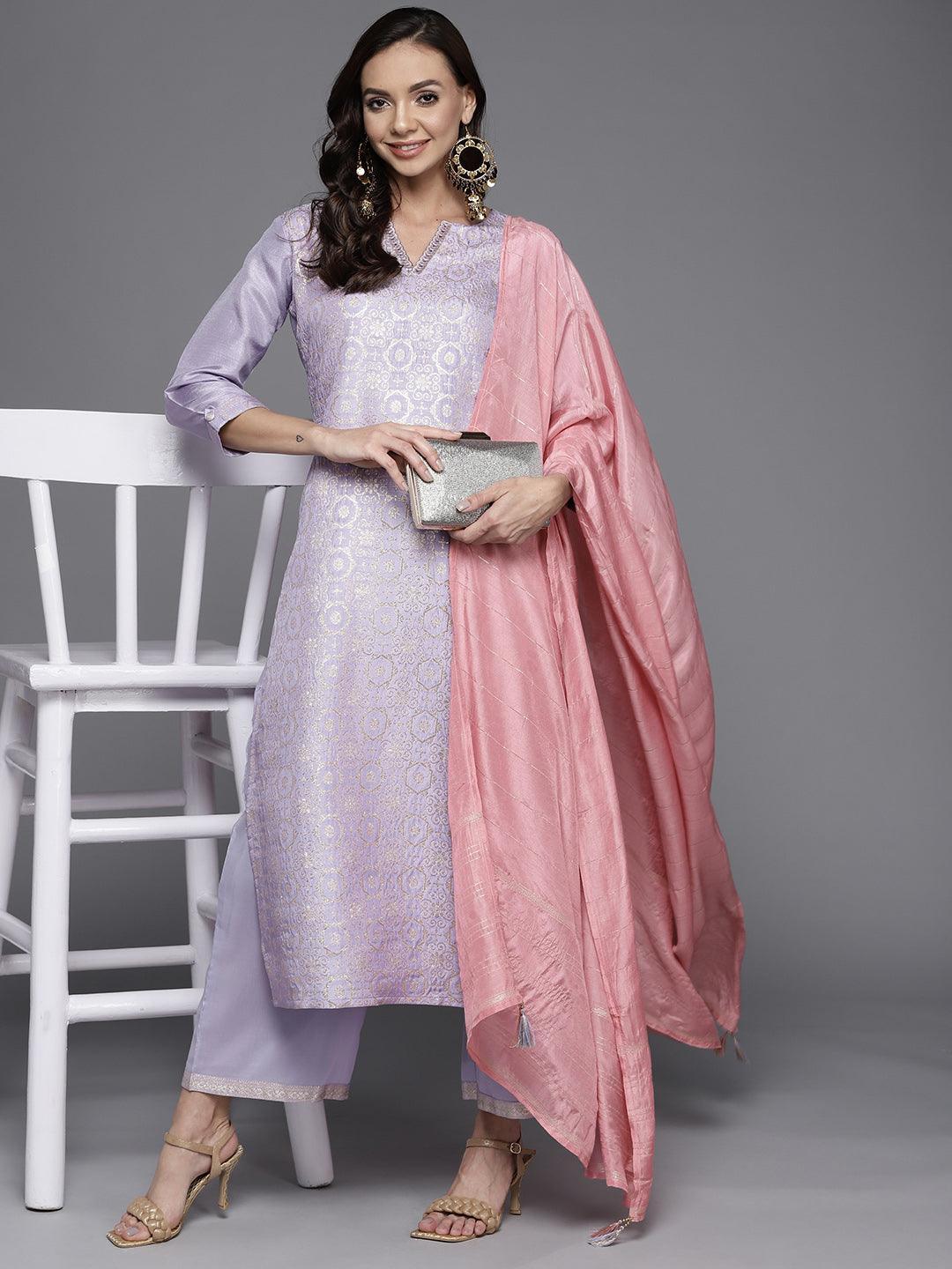 Lavender Woven Design Silk Blend Straight Suit Set