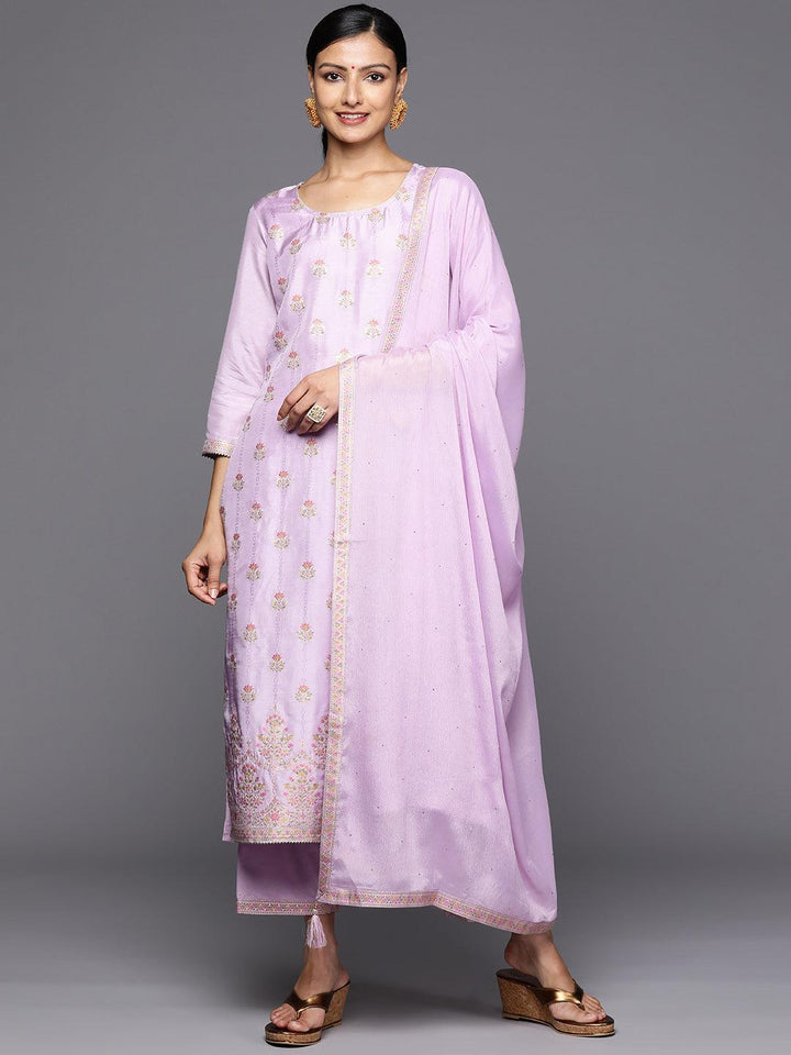 Lavender Woven Design Silk Blend Straight Kurta With Trousers & Dupatta - Libas