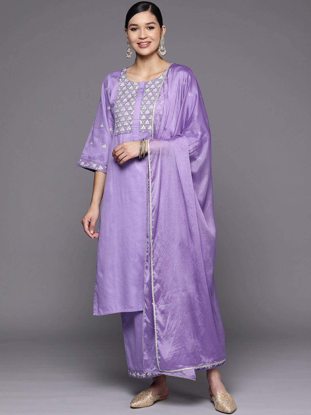 Lavender Yoke Design Silk Blend Straight Kurta With Palazzos & Dupatta