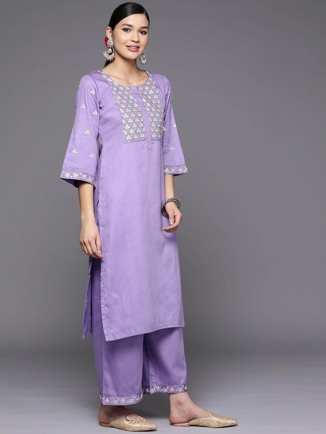 Lavender Yoke Design Silk Blend Straight Kurta With Palazzos & Dupatta