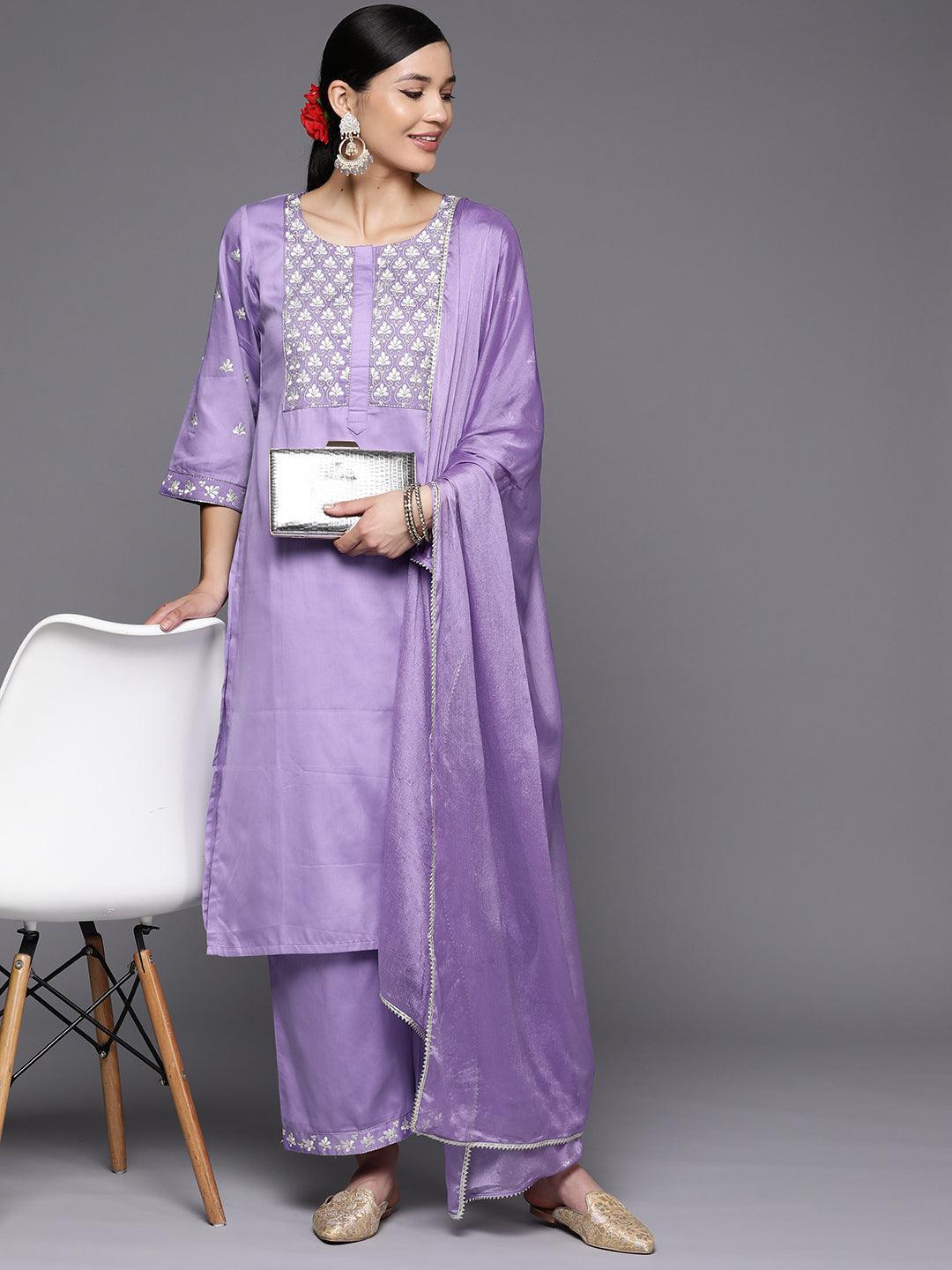 Lavender Yoke Design Silk Blend Straight Kurta With Palazzos & Dupatta