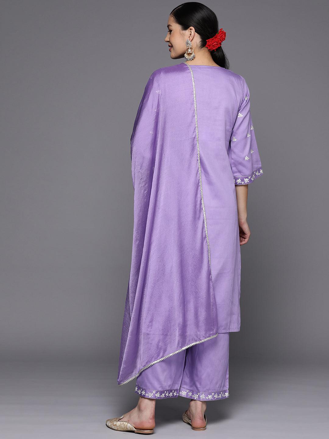 Lavender Yoke Design Silk Blend Straight Suit Set With Palazzos - Libas