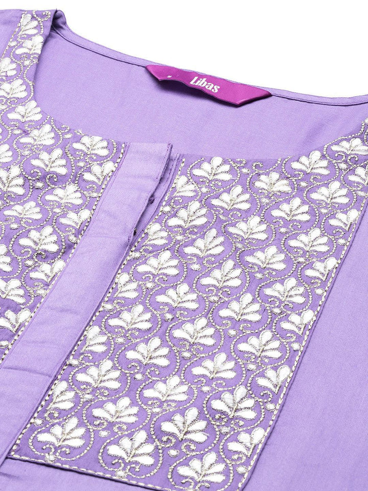 Lavender Yoke Design Silk Blend Straight Suit Set With Palazzos - Libas