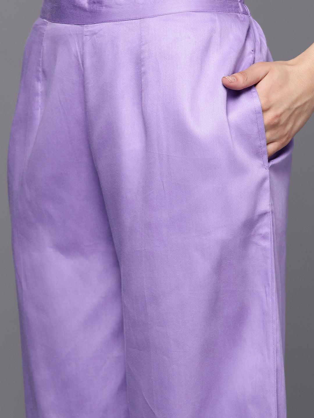 Lavender Yoke Design Silk Blend Straight Kurta With Palazzos & Dupatta