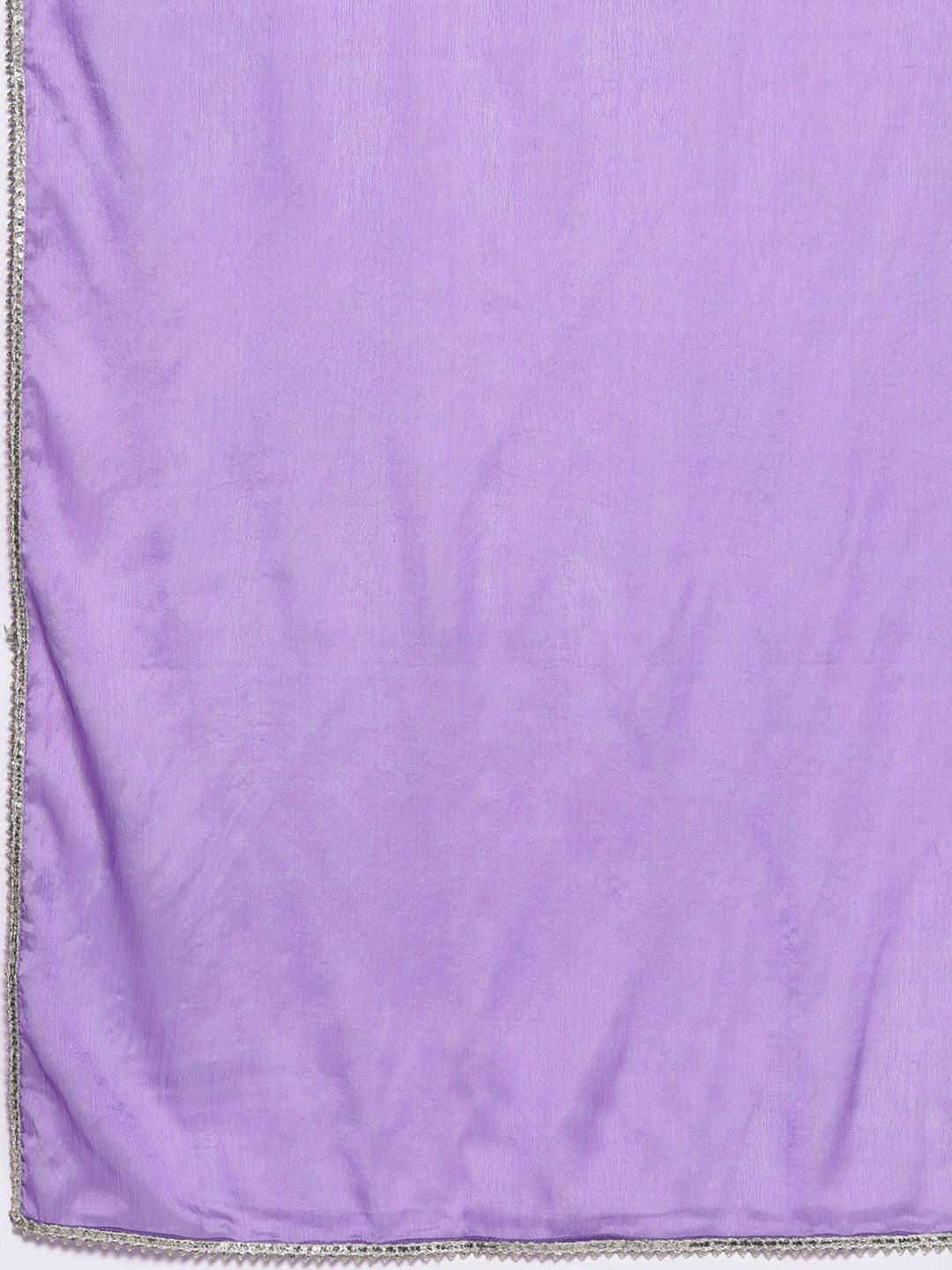 Lavender Yoke Design Silk Blend Straight Kurta With Palazzos & Dupatta