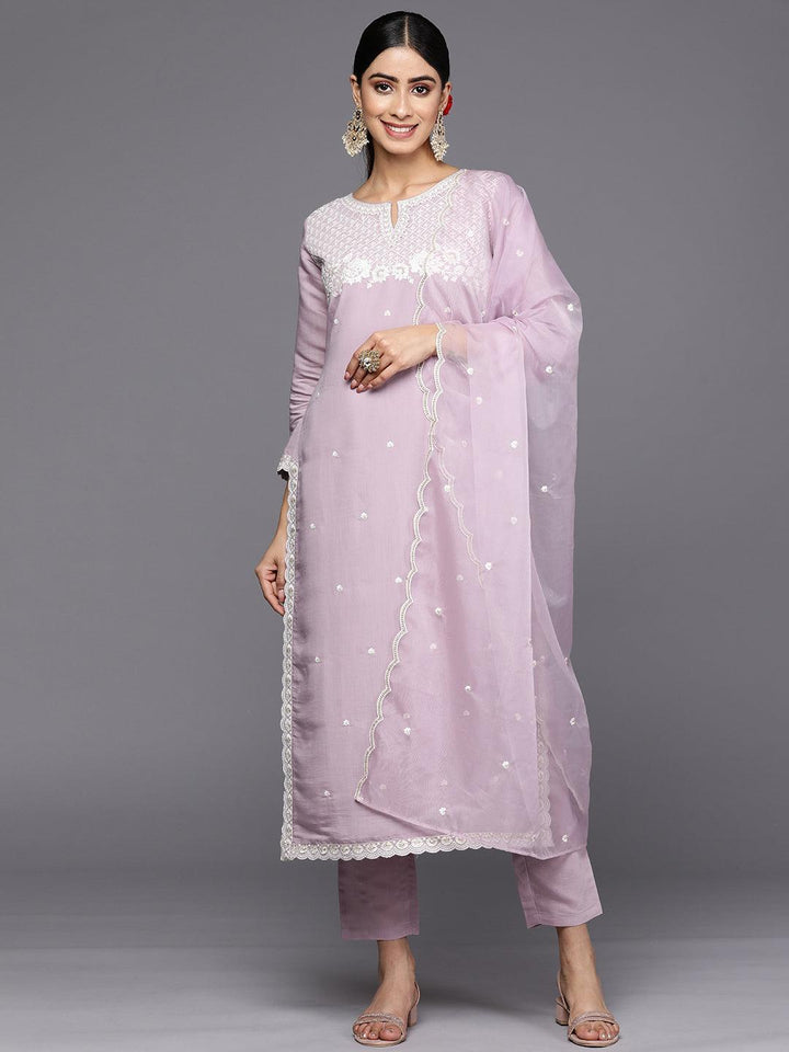 Lavender Yoke Design Silk Blend Straight Suit Set With Trousers - ShopLibas