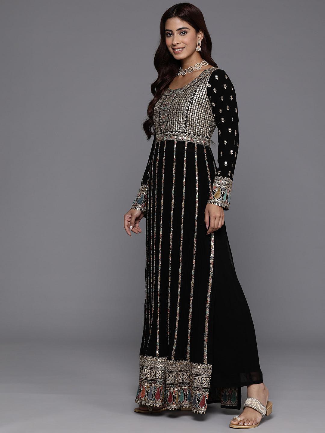 Libas Art Black Embroidered Georgette A-Line Kurta With Palazzos & Dupatta