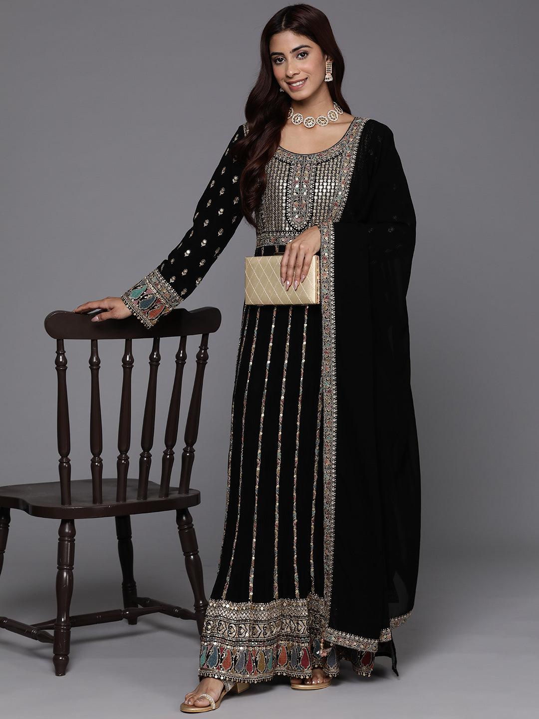 Libas Art Black Embroidered Georgette A-Line Kurta With Palazzos & Dupatta