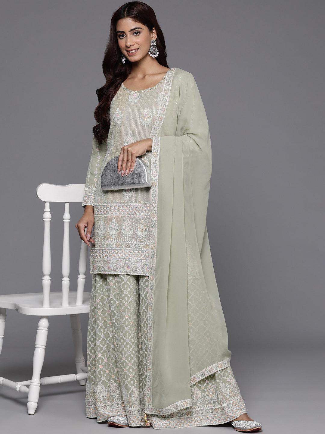 Libas Art Green Self Design Georgette Straight Suit With Dupatta